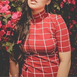 Mock-neck Red and White Checkered Midi Dress